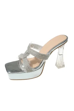 Sandálias de Salto Alto Prata Grosso Sola Quadrada Rhinestone