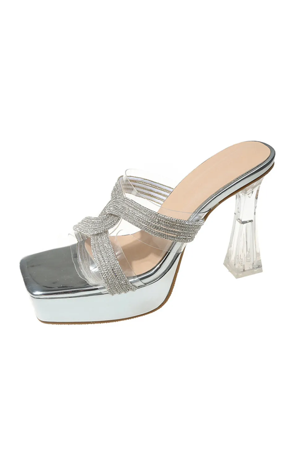 Sandálias de Salto Alto Prata Grosso Sola Quadrada Rhinestone