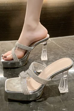 Sandálias de Salto Alto Prata Grosso Sola Quadrada Rhinestone