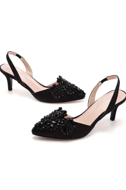 Sandálias pretas Rhinestone Slingback Slip Toe Slip On Block Heels
