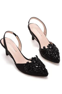 Sandálias pretas Rhinestone Slingback Slip Toe Slip On Block Heels