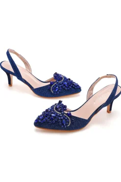 Sandálias pretas Rhinestone Slingback Slip Toe Slip On Block Heels