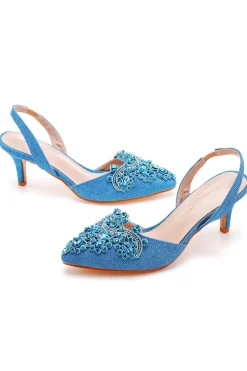 Sandálias pretas Rhinestone Slingback Slip Toe Slip On Block Heels
