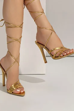 Sandálias Stiletto Golden Open Toe com Rendas