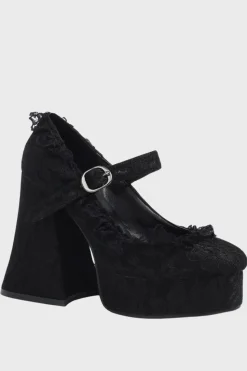 Sapatos de salto de bloco de plataforma de dedo fechado preto