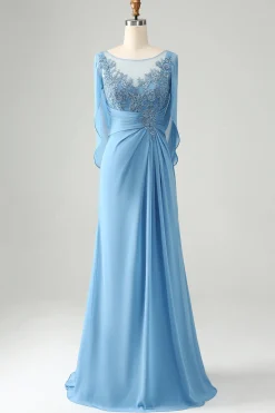 Saprkly Blue Mermaid Beaded Appliques Mãe do Vestido da Noiva com Xale