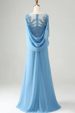 Saprkly Blue Mermaid Beaded Appliques Mãe do Vestido da Noiva com Xale