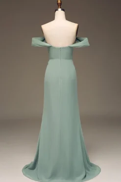 Sábio empoeirado fora da bainha de ombro Chiffon plissado longo vestido de dama de honra