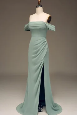 Sábio empoeirado fora da bainha de ombro Chiffon plissado longo vestido de dama de honra
