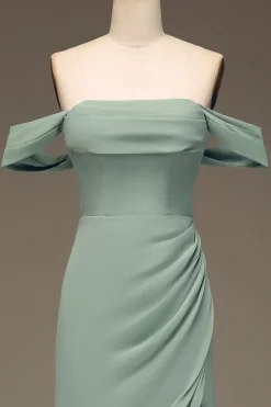 Sábio empoeirado fora da bainha de ombro Chiffon plissado longo vestido de dama de honra