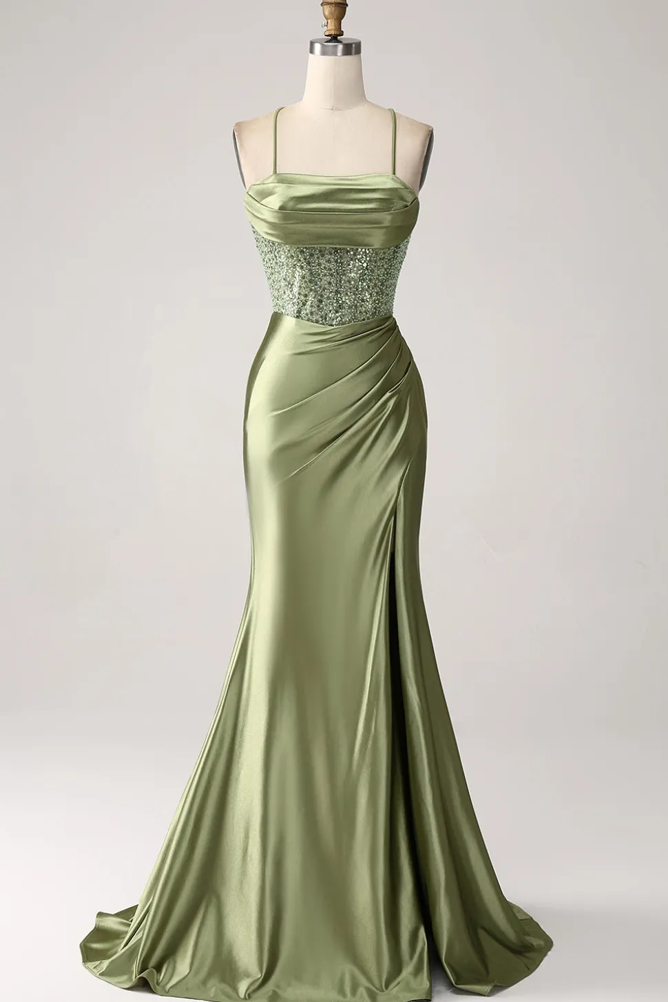 Sábio Sereia Capuz Decote Lantejoulas Long Prom Dress Com Fenda