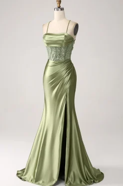 Sábio Sereia Capuz Decote Lantejoulas Long Prom Dress Com Fenda