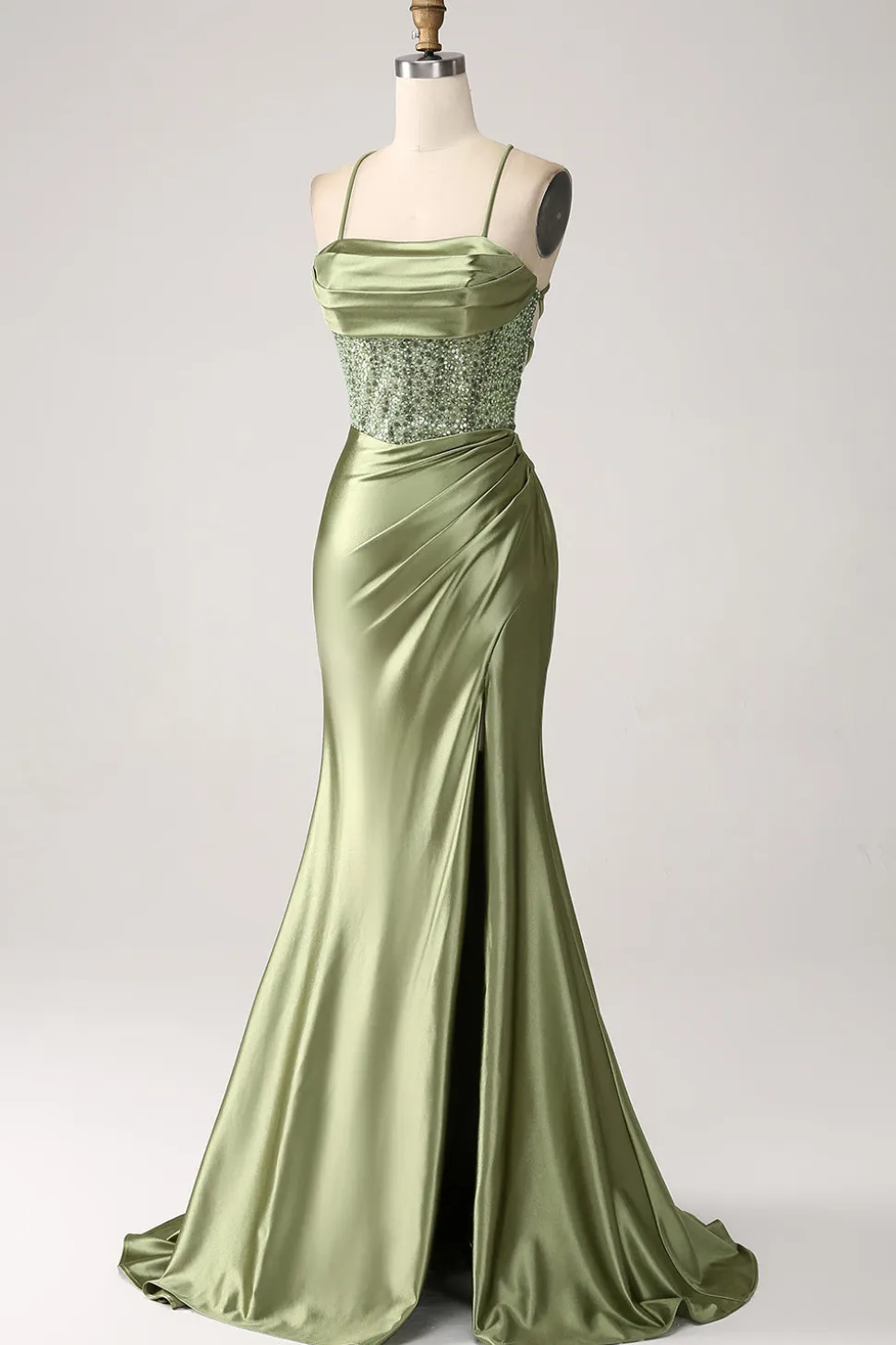 Sábio Sereia Capuz Decote Lantejoulas Long Prom Dress Com Fenda