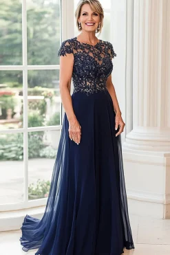 Scoop Neck A Line Navy Cap Mangas Mãe do Vestido da Noiva