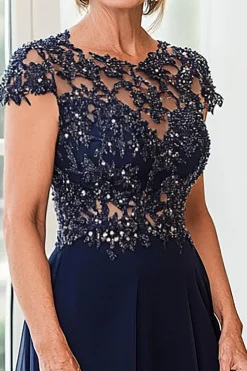 Scoop Neck A Line Navy Cap Mangas Mãe do Vestido da Noiva