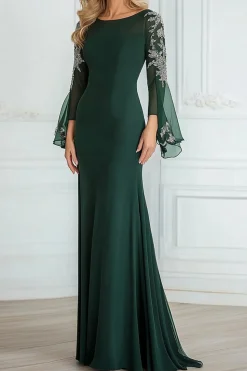 Scoop Neck Chiffon Lace Uma Linha Verde Escuro Mangas Longas Mãe do Vestido da Noiva
