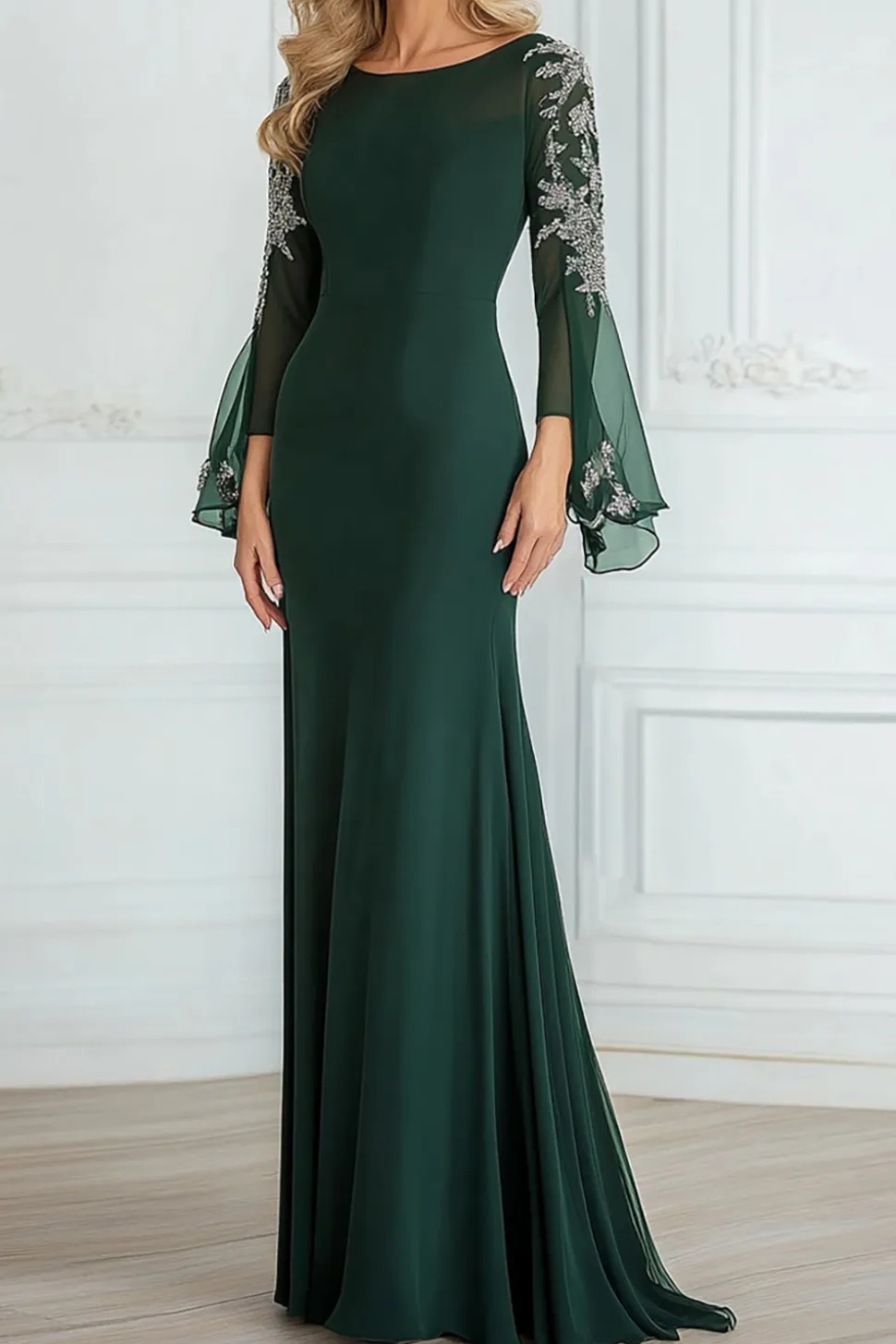 Scoop Neck Chiffon Lace Uma Linha Verde Escuro Mangas Longas Mãe do Vestido da Noiva