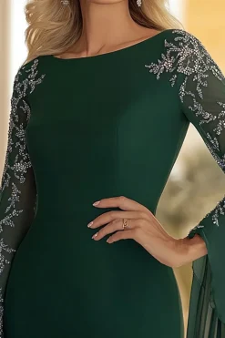 Scoop Neck Chiffon Lace Uma Linha Verde Escuro Mangas Longas Mãe do Vestido da Noiva