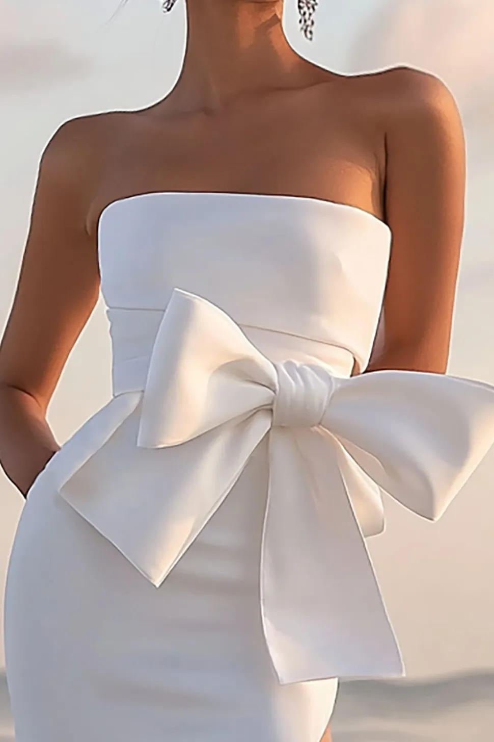 Sem Alças Arco Bodycon Midi Vestidinho Branco Com Fenda