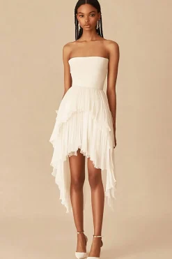 Sem Alças Assimétrico Chiffon Babado Curto/Mini Vestidinho Branco