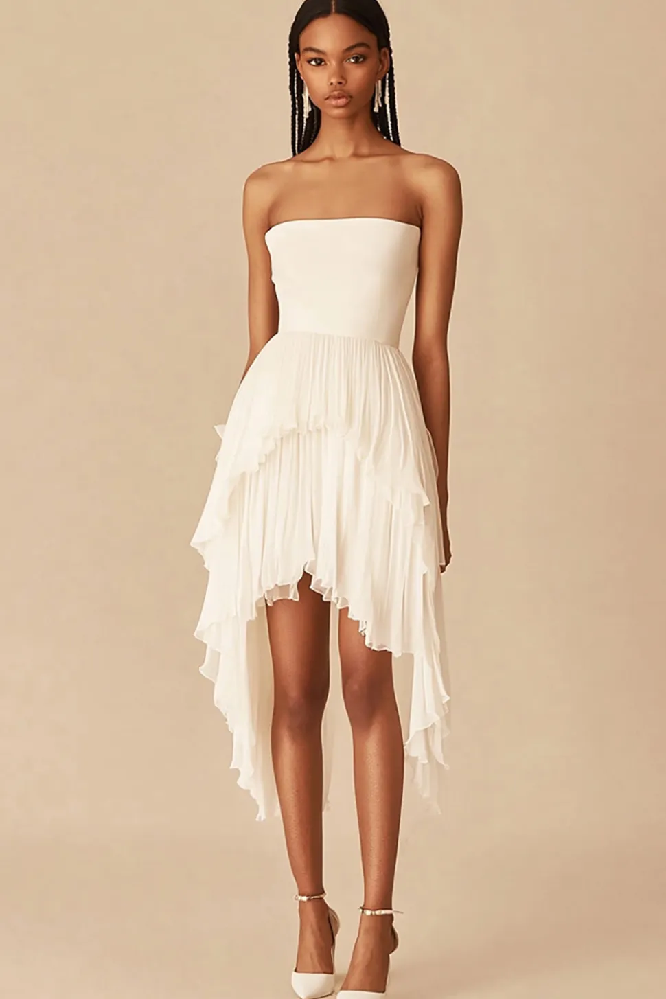 Sem Alças Assimétrico Chiffon Babado Curto/Mini Vestidinho Branco