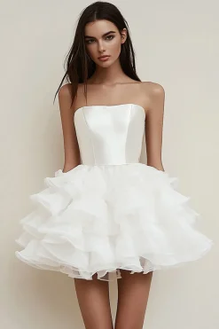 Sem Alças Babados Linha-A Curto/Mini Vestidinho Branco
