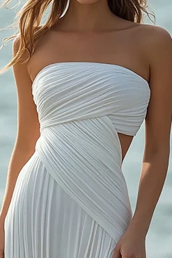 Sem Alças Branco Linha-A Plissado Longo Vestidos Cerimónia com Fenda