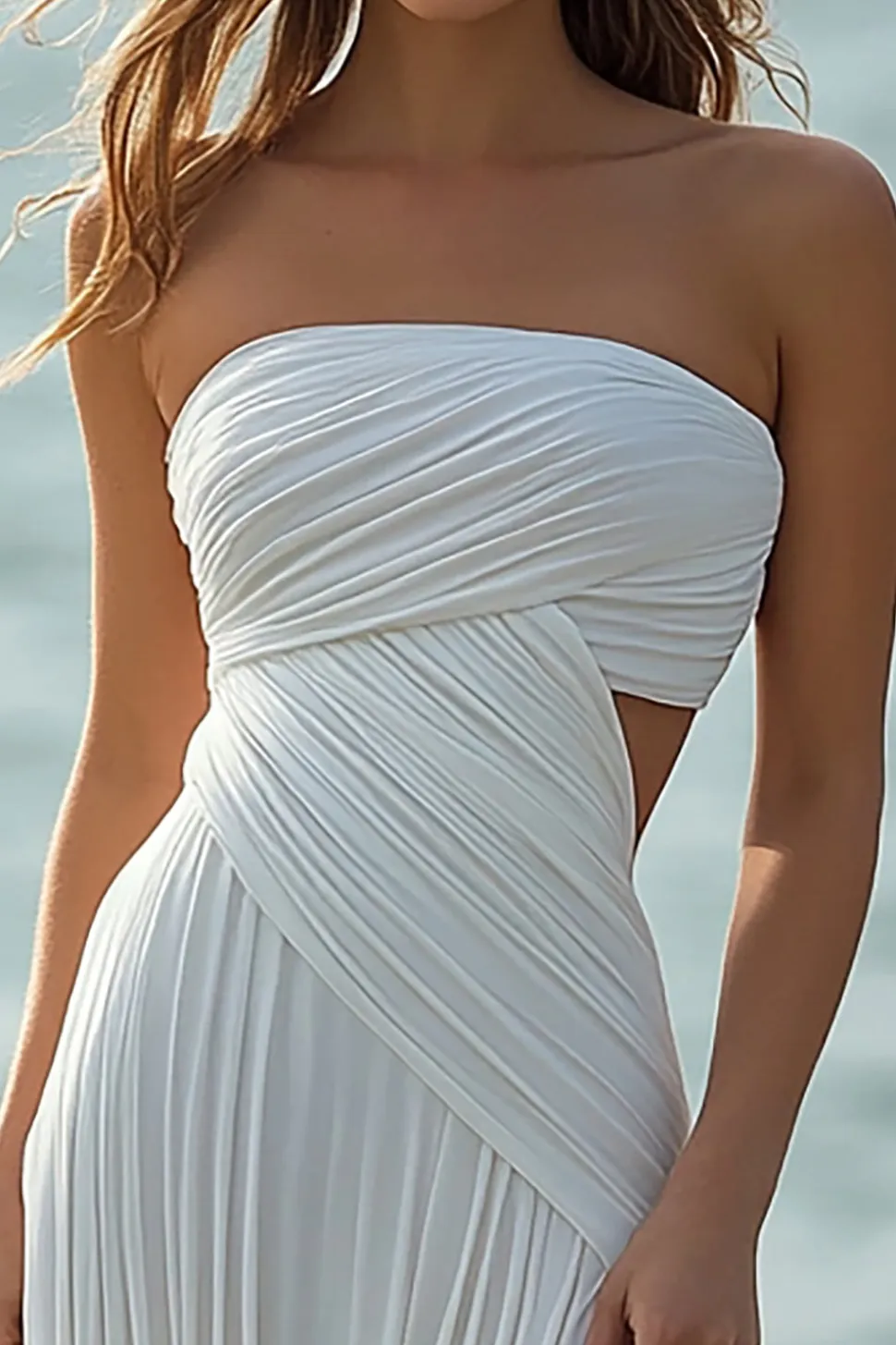 Sem Alças Branco Linha-A Plissado Longo Vestidos Cerimónia com Fenda
