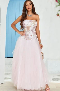 Sem Cintas A Line Rosa Tule Vestido de Baile Com Apliques