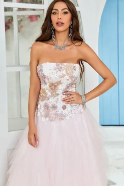 Sem Cintas A Line Rosa Tule Vestido de Baile Com Apliques