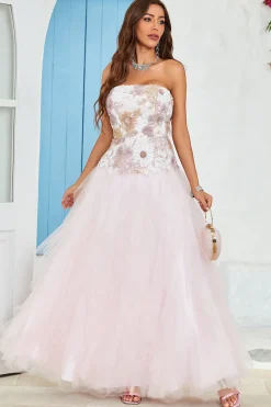 Sem Cintas A Line Rosa Tule Vestido de Baile Com Apliques