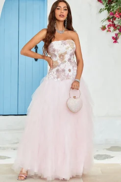 Sem Cintas A Line Rosa Tule Vestido de Baile Com Apliques