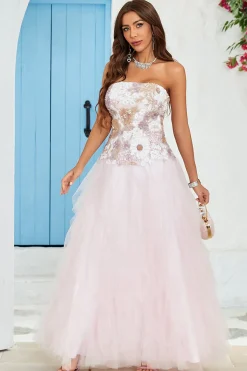 Sem Cintas A Line Rosa Tule Vestido de Baile Com Apliques