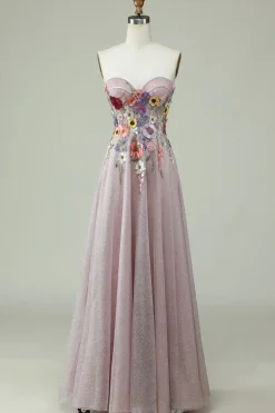 Sem Cintas Vestido de Baile A Line Flores 3D