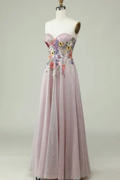 Sem Cintas Vestido de Baile A Line Flores 3D