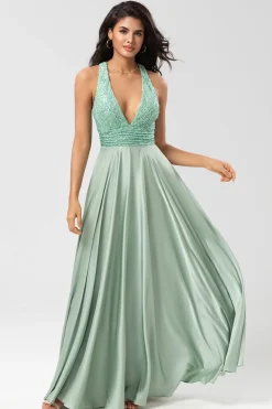 Sem fim Uma linha V-Neck Matcha longo vestido de dama de honra com missangas