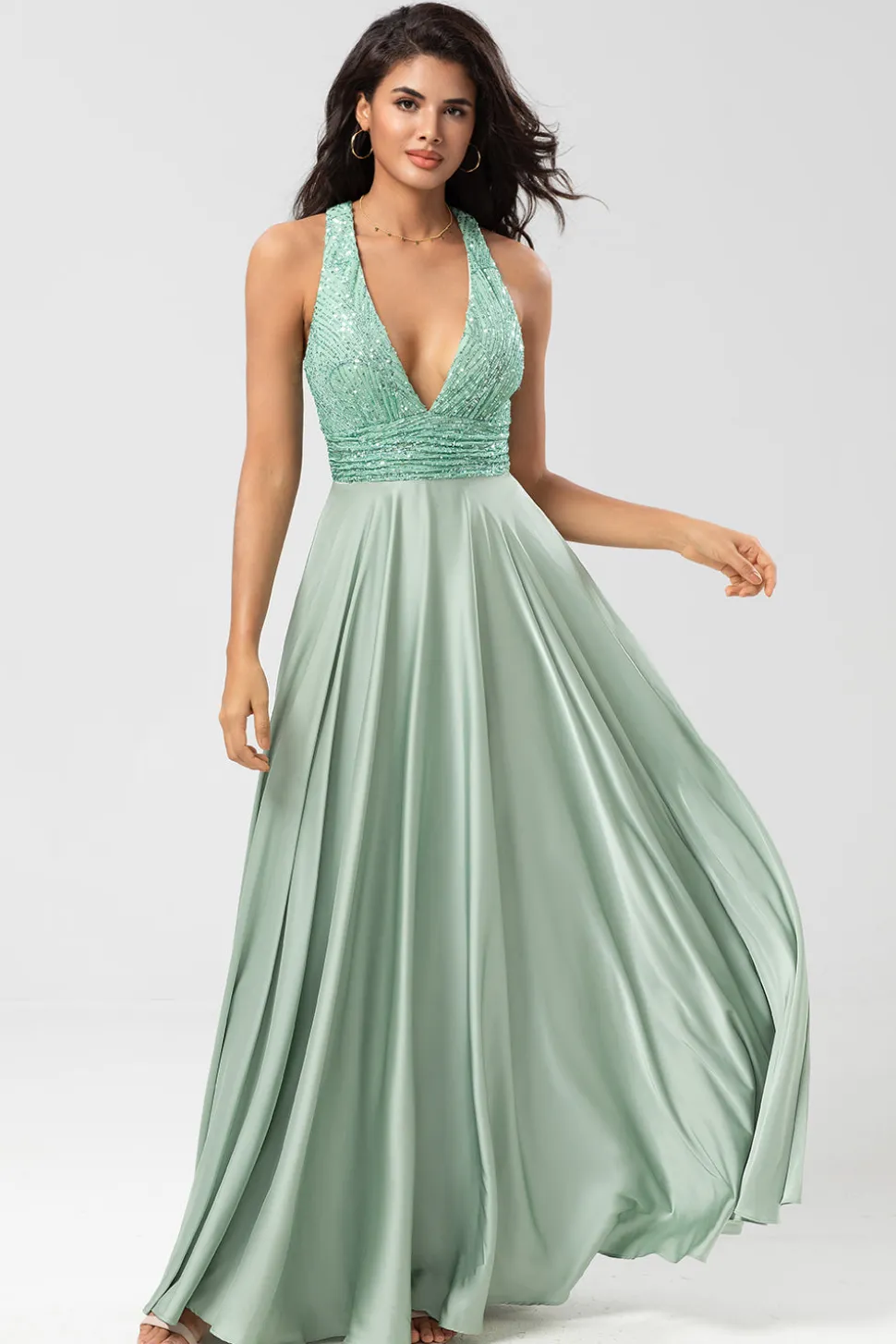 Sem fim Uma linha V-Neck Matcha longo vestido de dama de honra com missangas