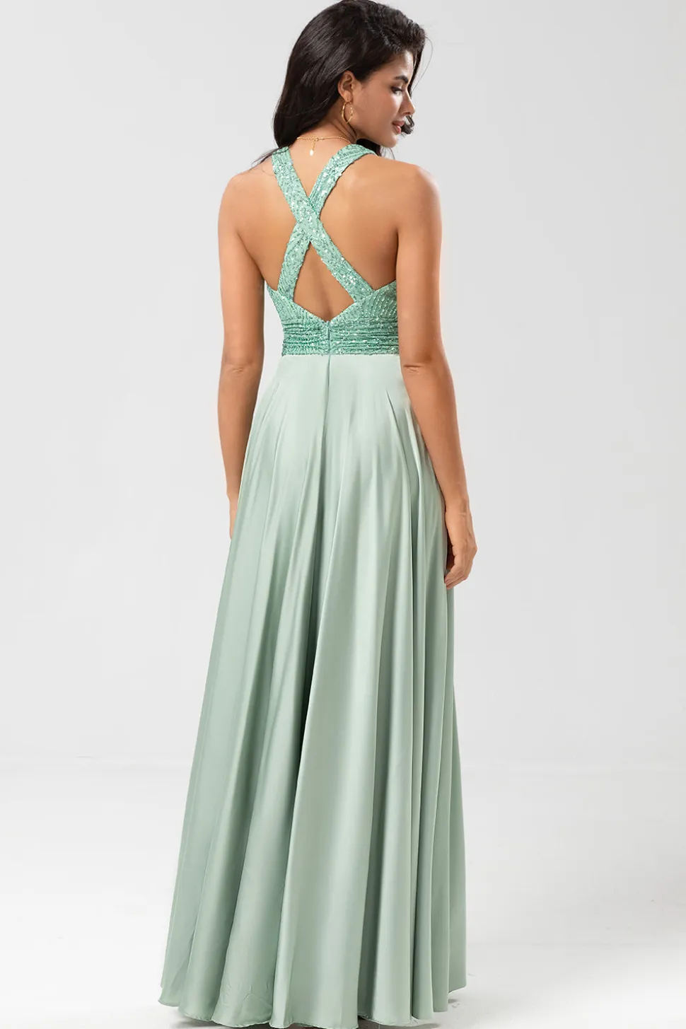 Sem fim Uma linha V-Neck Matcha longo vestido de dama de honra com missangas