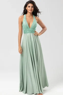 Sem fim Uma linha V-Neck Matcha longo vestido de dama de honra com missangas
