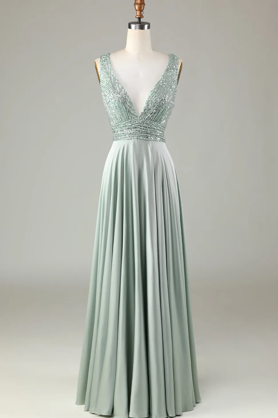 Sem fim Uma linha V-Neck Matcha longo vestido de dama de honra com missangas