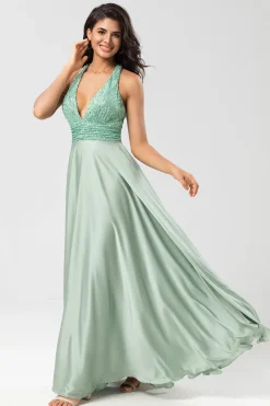 Sem fim Uma linha V-Neck Matcha longo vestido de dama de honra com missangas