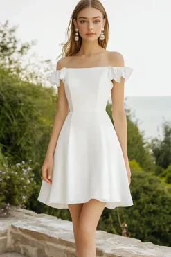 Sem Ombros Cetim Plissado Linha-A Mini Vestidinho Branco