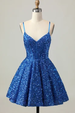 Sequins Azul Escuro Uma Linha Short Corset Homecoming Dress