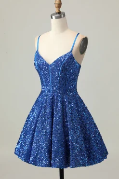 Sequins Azul Escuro Uma Linha Short Corset Homecoming Dress