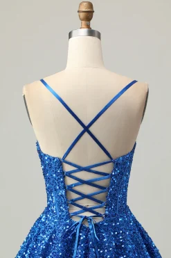 Sequins Azul Escuro Uma Linha Short Corset Homecoming Dress