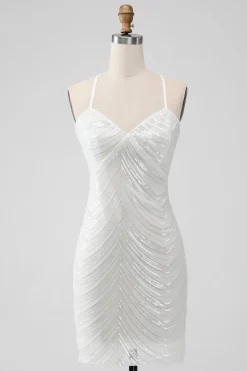 Sequins Branco Bodycon Vestido Curto Homecoming com Criss Cross Back