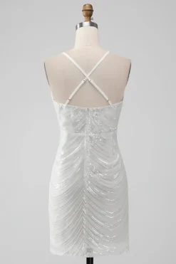 Sequins Branco Bodycon Vestido Curto Homecoming com Criss Cross Back