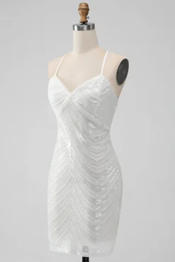 Sequins Branco Bodycon Vestido Curto Homecoming com Criss Cross Back