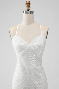 Sequins Branco Bodycon Vestido Curto Homecoming com Criss Cross Back