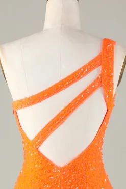 Sequins One-Shoulder Laranja Tight Beading Vestido Curto Homecoming